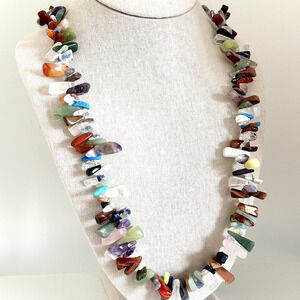 Vintage 925 Sterling Silver Multi Gemstone Nugget Chunky Statement Necklace 36"